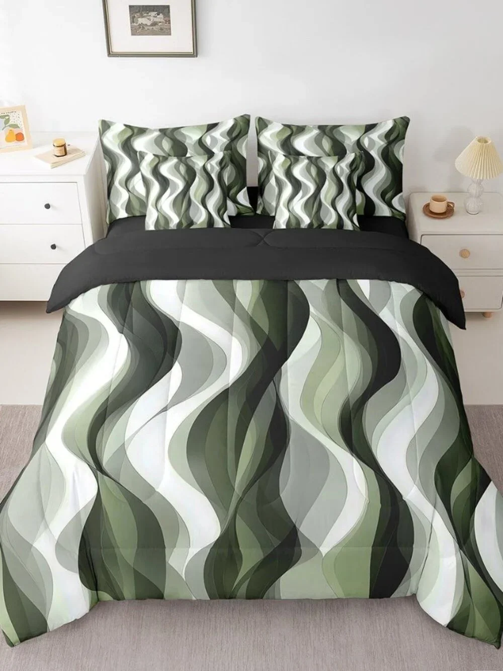 7Pcs Sage Green Queen Comforter Set,Boho Abstract Striped Bed in A Bag for Kids